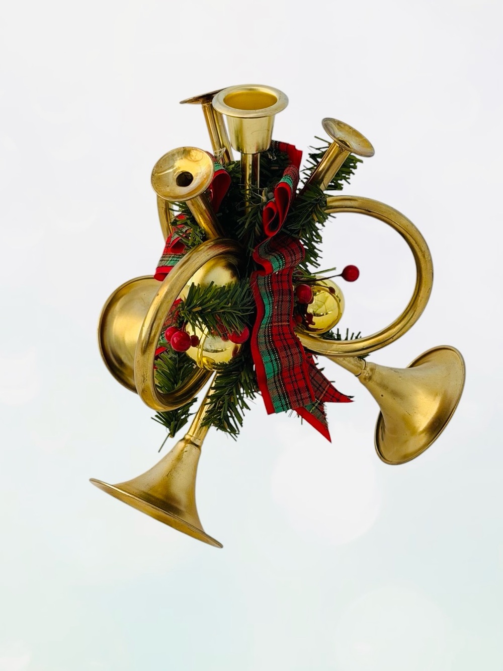 Brass Triple French Horn Taper Candle Holder, Vintage Christmas Holiday Decor - Picture 3 of 10